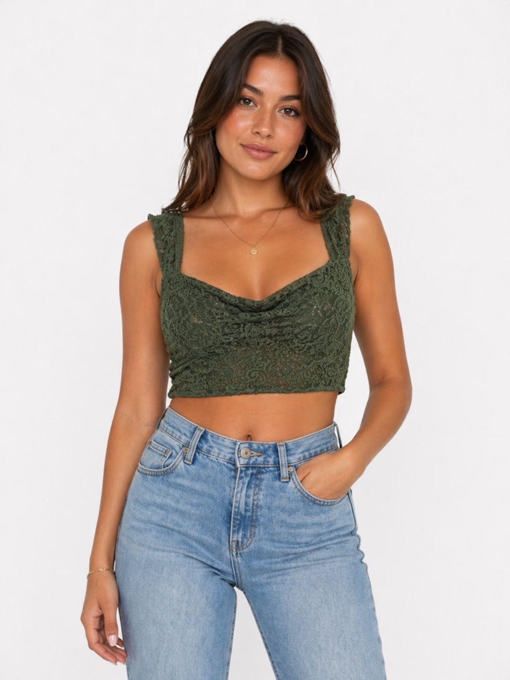 Free People Olive Lace Cowl Crop Top